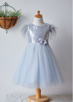 Feather Sleeves Silver Sequin Gray Tulle Amazing Flower Girl Dress